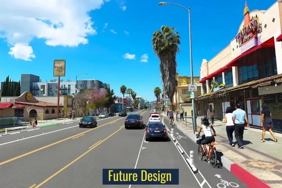 Rendering of protected bike lanes on Hollywood Boulevard in 'Thai Town' area of Los Angeles.